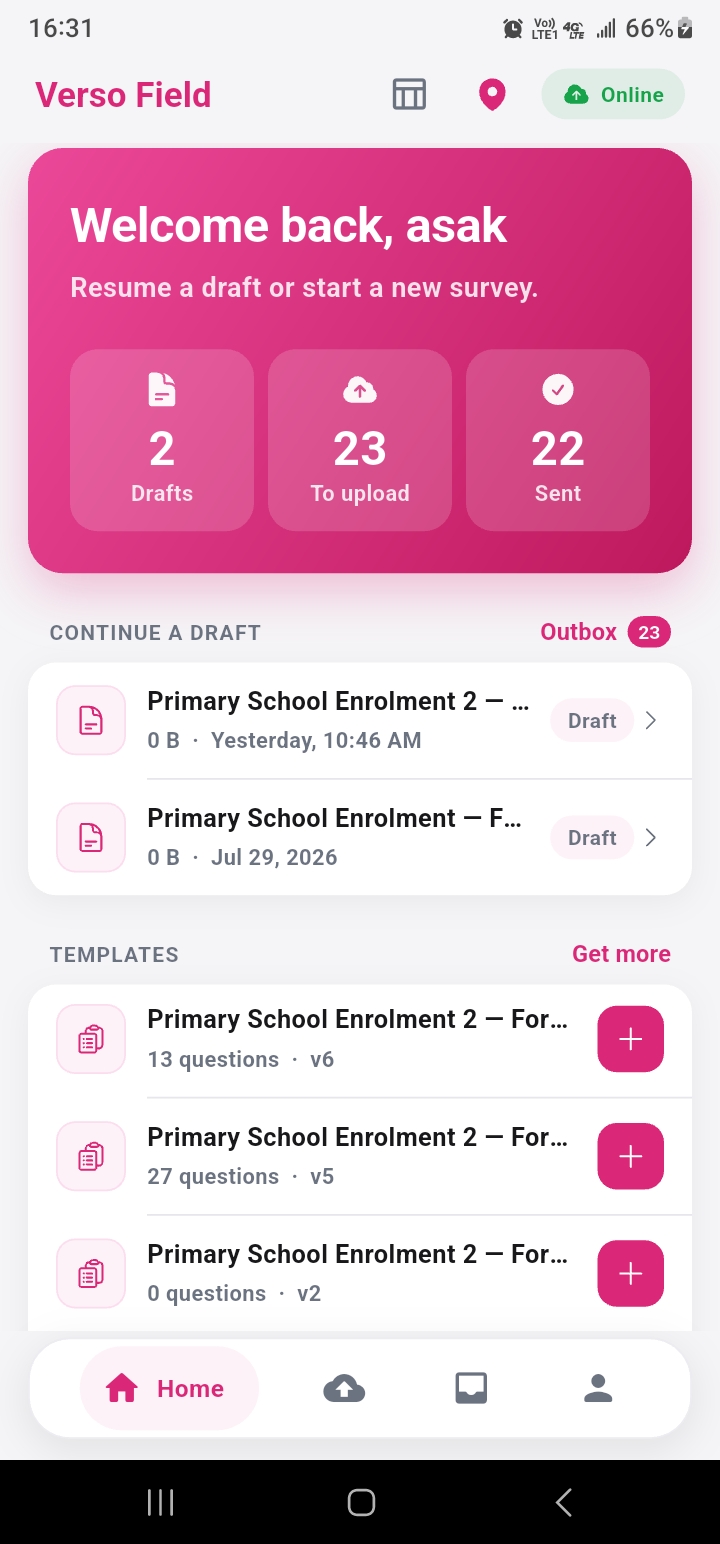 The Verso Field app on a phone, showing drafts waiting to sync.